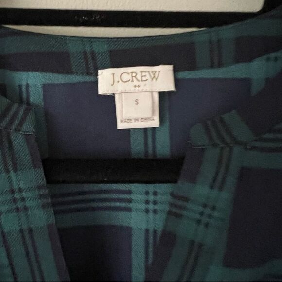 J. Crew Navy Green Tartan Plaid Semi Sheer V Neck 3/4 Bell Sleeve Blouse Small - Picture 3 of 8
